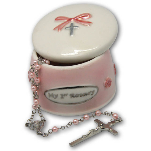 Porcelain Rosary Box And Rosary Beads Pink RX3215P