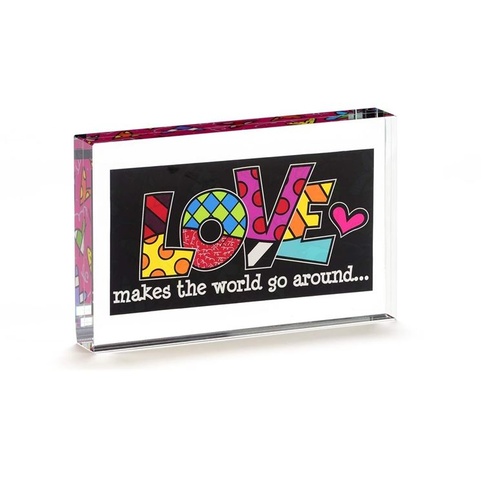 UNBOXED - Romero Britto Double-sided Glass Table Block - Love Makes the World Go Around