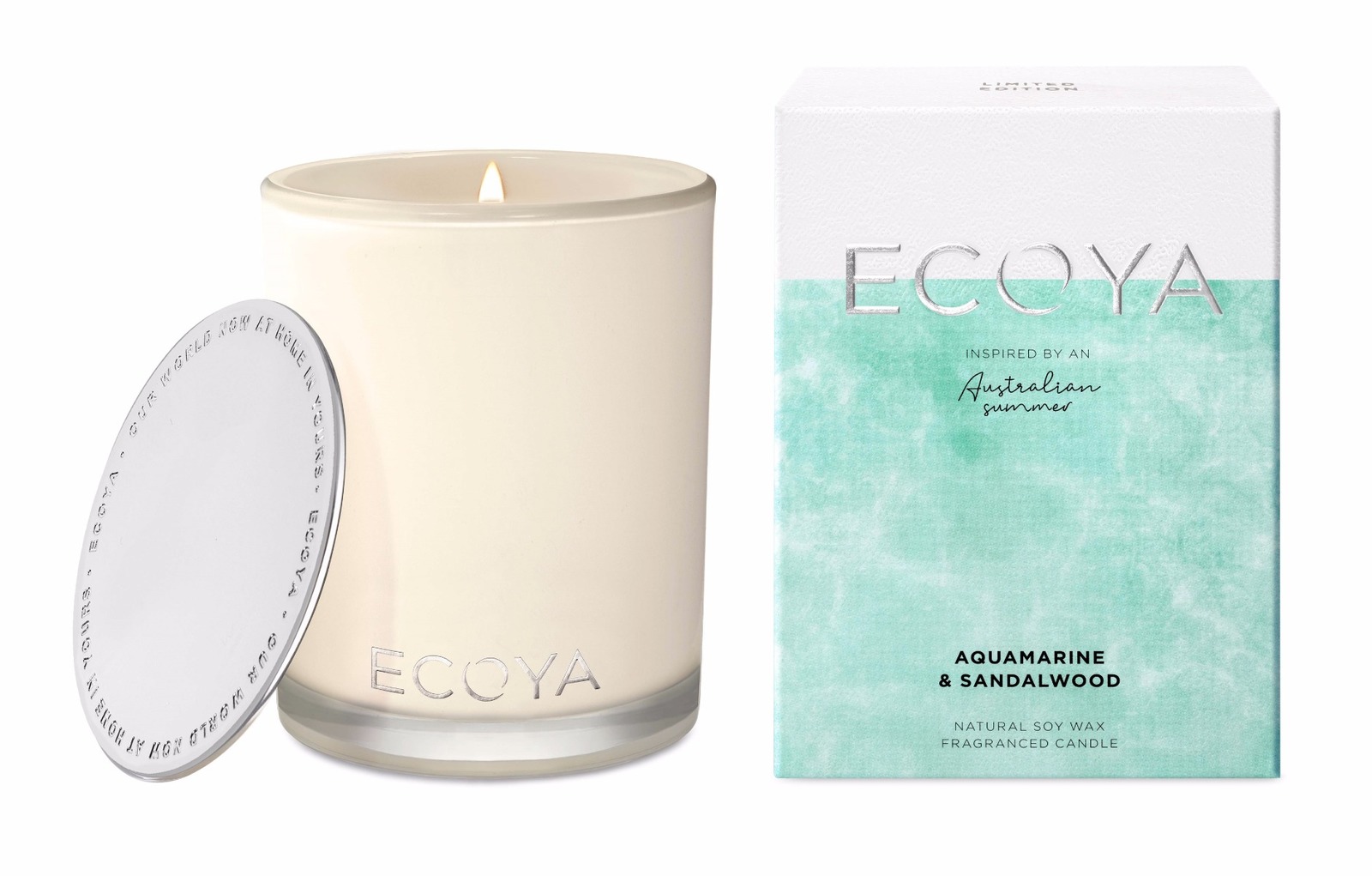 ECOYA Candle LIMITED EDITION AQUAMARINE & SANDALWOOD Madison Jar 400g 80hr Bu... eBay