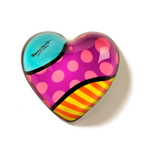 Romero Britto Glass Heart Paperweight Blue Corner
