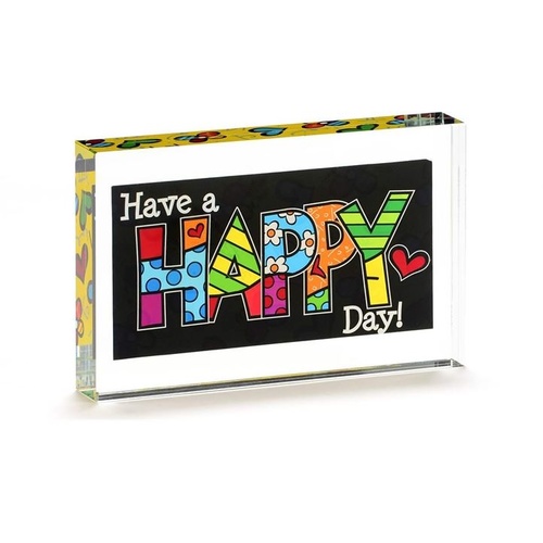Romero Britto Double-sided Glass Table Block - Have A Happy Day