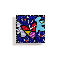 Romero Britto Glass Wall Clock - Flying Hearts