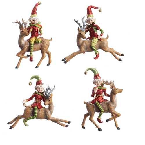 Raz Hanging Ornaments - Set Of 4 Elf On Reindeer Ornaments