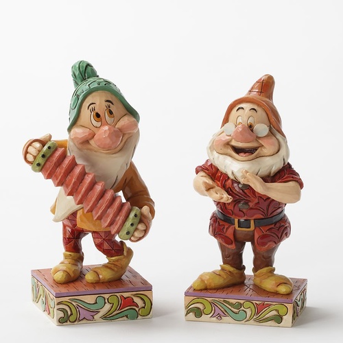 PRE PRODUCTION SAMPLE - Jim Shore Disney Traditions - Doc And Bashful Affable Accordionist Clap Along Figurines Set of 2