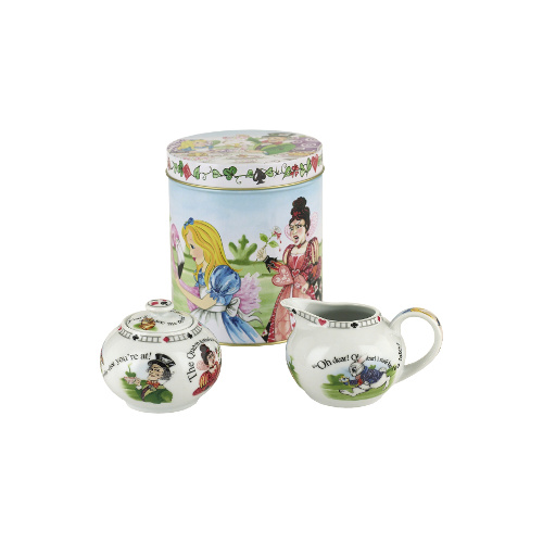 Alice In Wonderland Creamer, Covered Sugar Jar & Tin