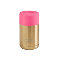 Frank Green Reusable Cup - Ceramic 295ml Chrome Gold With Neon Pink Lid Push Button