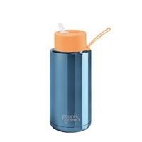 Frank Green Reusable Bottle - Ceramic 1L Chrome Blue With Neon Orange Straw Lid