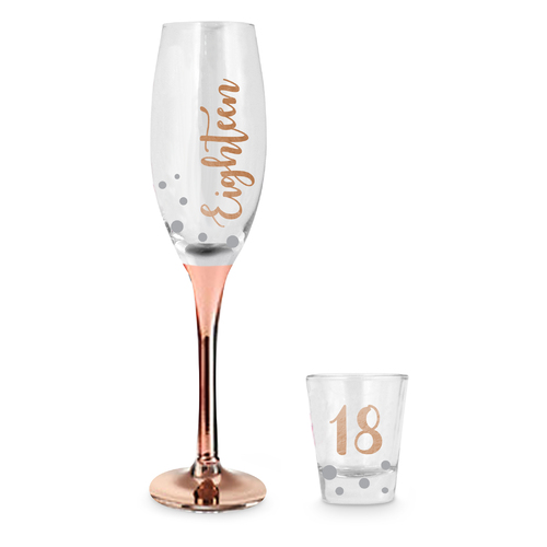 Rose Stem 18th Birthday Champagne and Shot Glass Set