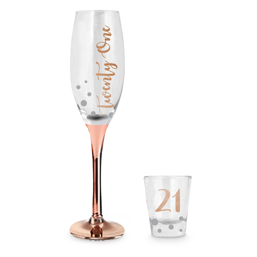 Rose Stem 21st Birthday Champagne and Shot Glass Set