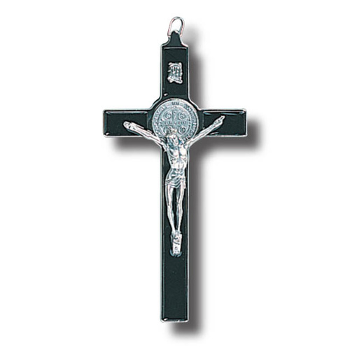 Hanging Crucifix St Benedict - 20cm x 10cm - Metal & Black Enamel Finish