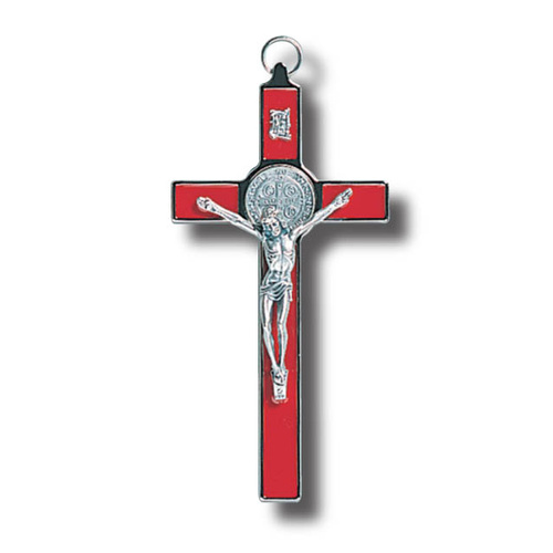 Hanging Crucifix St Benedict - 20cm x 10cm - Metal & Red Enamel