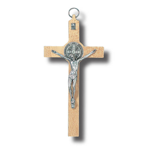 Hanging Crucifix St Benedict - 20cm x 10cm Metal & Light Wood
