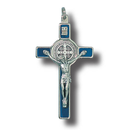 Blue St Benedict Wall Crucifix - 8cm Metal & Enamel