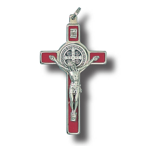 Red St Benedict Wall Crucifix - 8cm Metal & Enamel