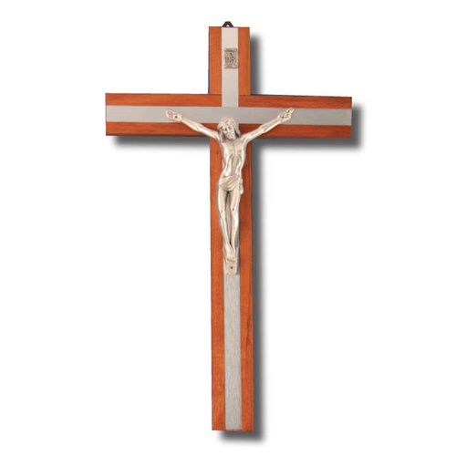 Wall Crucifix - 30cm Wood With Metal Inlay