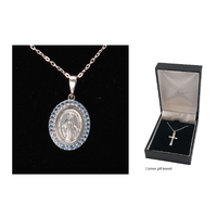 Sterling Silver Necklace with Miraculous Mary Medal with Blue Stone