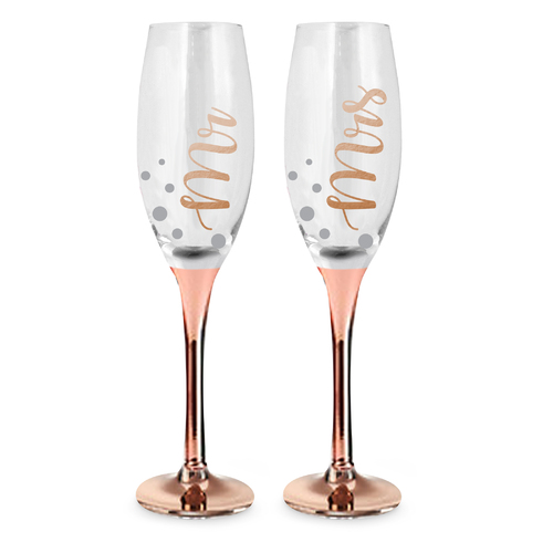Rose Stem Wedding Mr & Mrs Champagne Glass Set